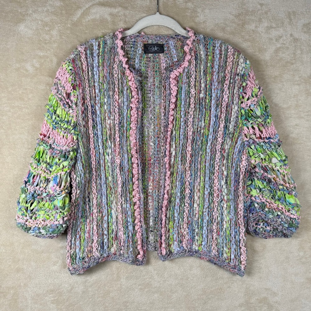 Estelle Womens Multi Color Ribbon Knit Open Front Cardigan Boho Wearable Art M